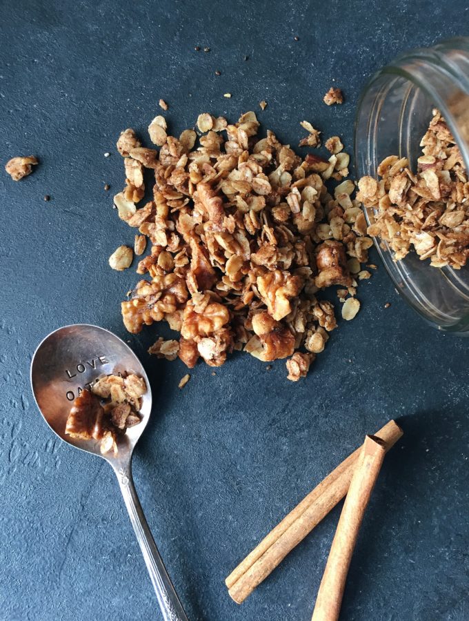 A deeply flavorful and crunchy breakfast granola made from roasted walnut oil, maple syrup and lots of cinnamon. Vegan and Gluten Free.